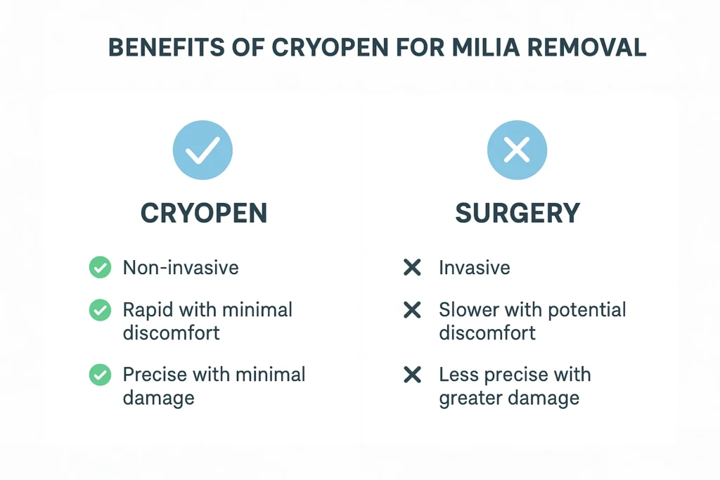 Benefits of cryopen for milia removal Greater London (Bexley) compared to surgical treatments.