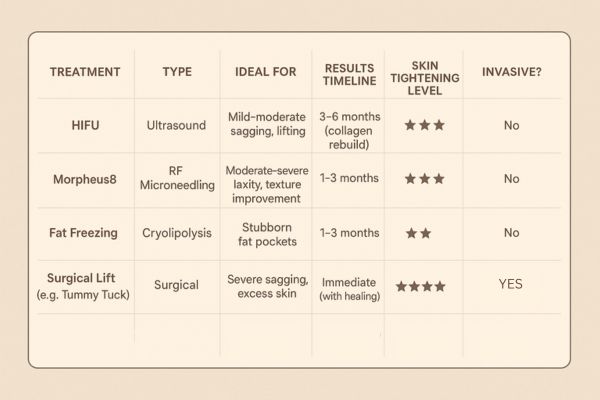 Table showing the comparisons of Skin tightening Greater London (Bexley) treatment options.